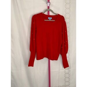 CeCe Red Pearl Embellished Puff Sleeve Sweater Top Women's Size L